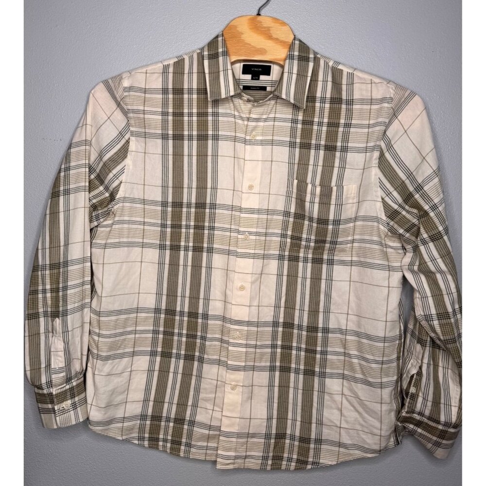 Vince Mens Classic Fit Plaid Button-Up Shirt XL Beige/Green Checkered 55% Cotton